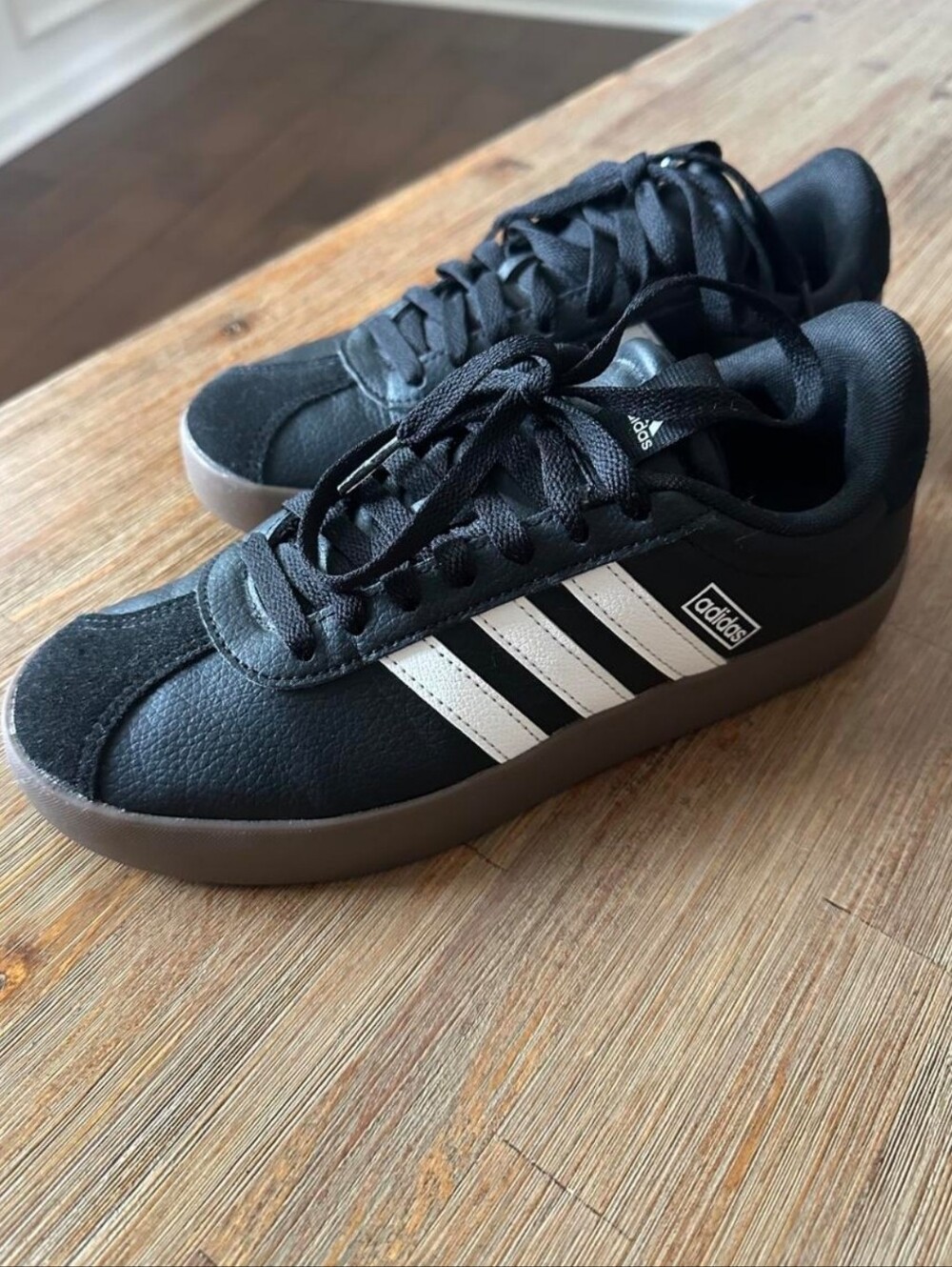 adidas Black Sneakers with White Stripes and Gum Sole